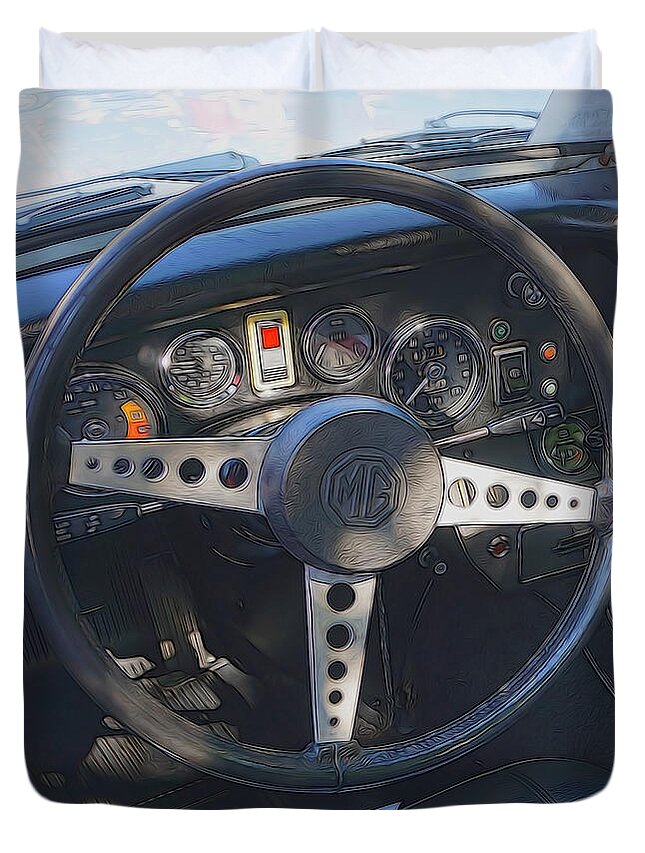 Mg Midget Duvet Cover featuring the digital art MG Midget Steering Wheel by Cathy Anderson