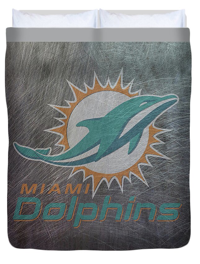 Miami Duvet Cover featuring the mixed media Miami Dolphins Translucent Steel by Movie Poster Prints