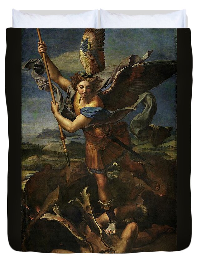 Urbino Duvet Cover featuring the painting Michael defeats Satan by Raphael