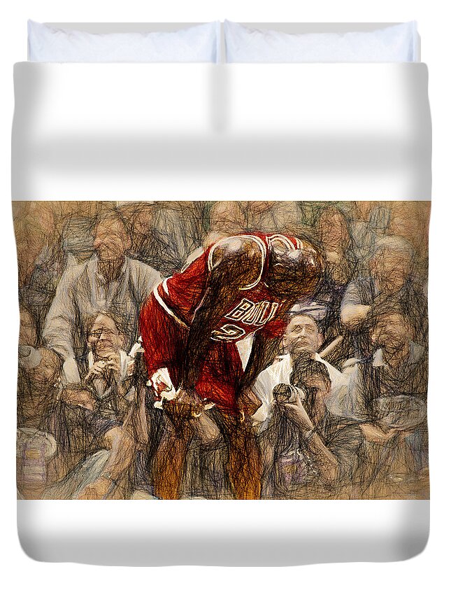 Michael Jordan Duvet Cover featuring the painting Michael Jordan The Flu Game by John Farr