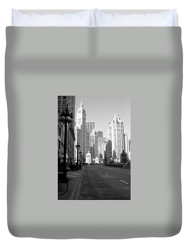 Chicago Duvet Cover featuring the photograph Michigan Ave tall b-w by Anita Burgermeister
