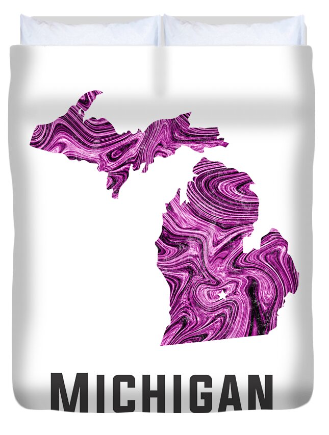 Michigan Duvet Cover featuring the mixed media Michigan Map Art Abstract in Purple by Studio Grafiikka