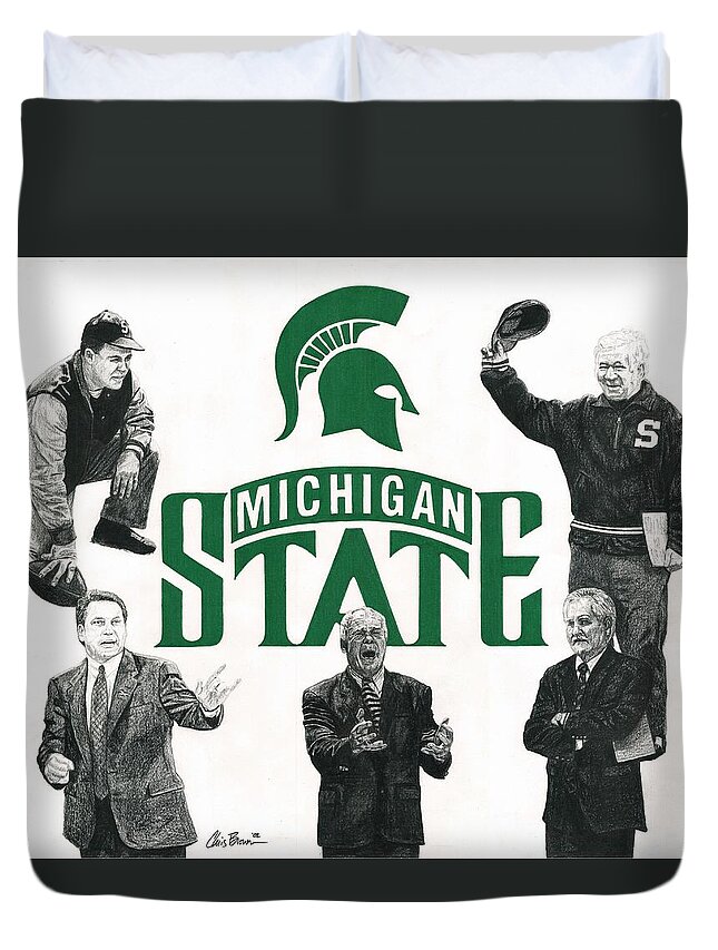 Michigan State Spartans Duvet Cover featuring the drawing Michigan State Coaching Legends by Chris Brown