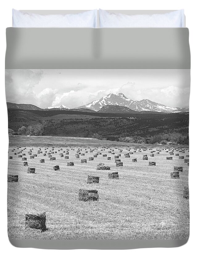 Country Duvet Cover featuring the photograph Mid June Colorado Hay and the Twin Peaks Longs and Meeker BW by James BO Insogna