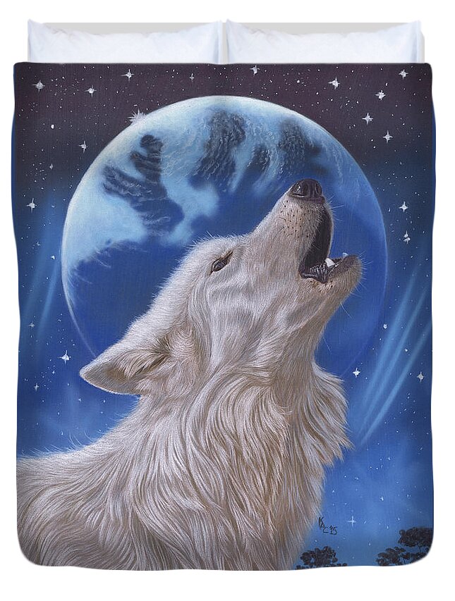 Wolf Duvet Cover featuring the pastel Midnight Caller by Karie-Ann Cooper