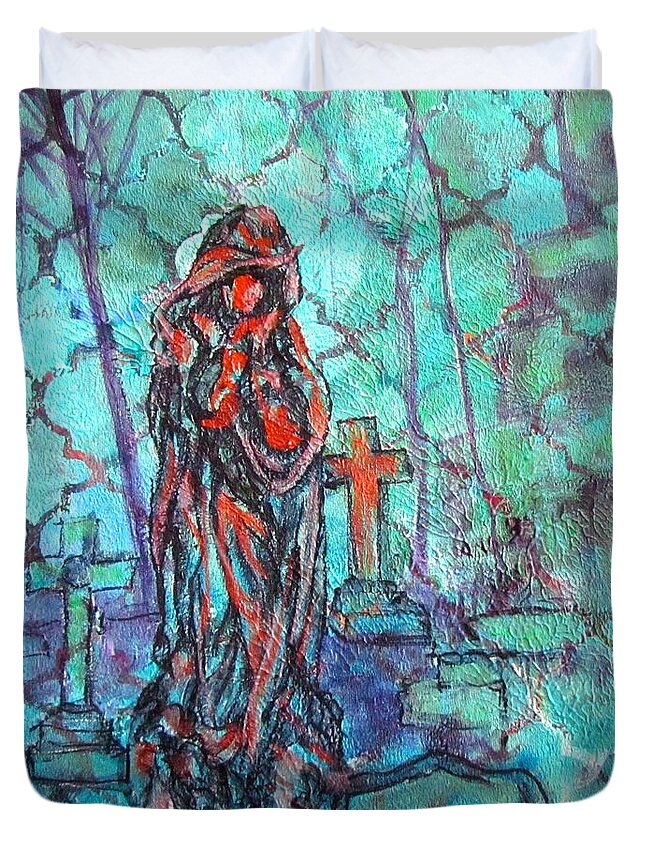 Statue Duvet Cover featuring the painting Midnight in the Garden of Good and Evil by Barbara O'Toole