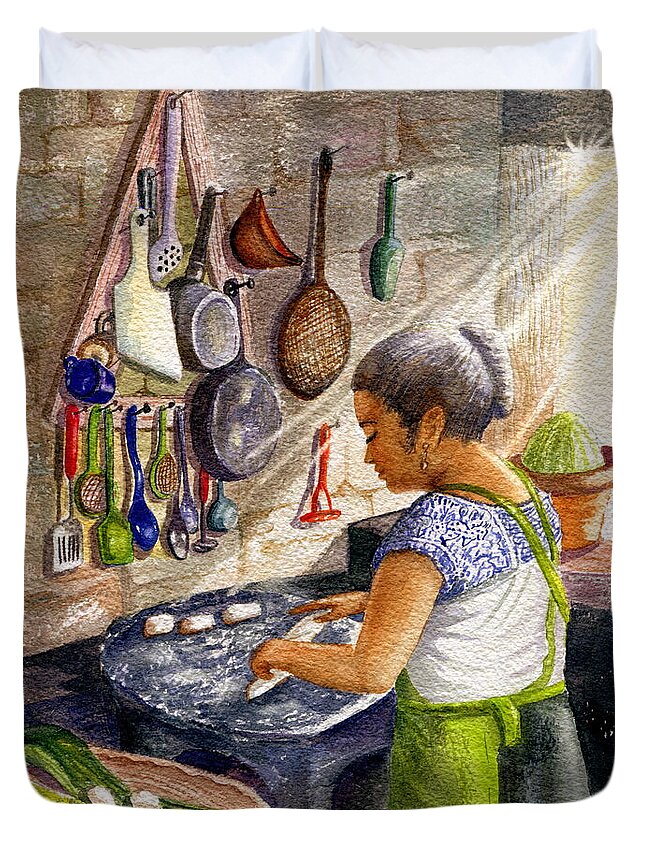 Mexican Culture Duvet Cover featuring the painting Mika, The Tamale Maker by Marilyn Smith