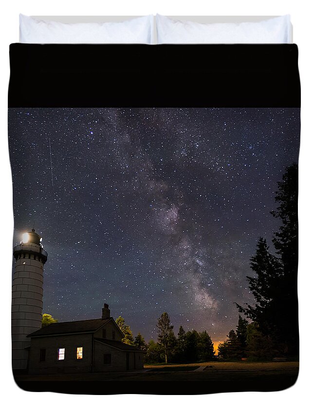 Milky Way Duvet Cover featuring the photograph Milky Way Over Cana Island Lighthouse by Paul Schultz