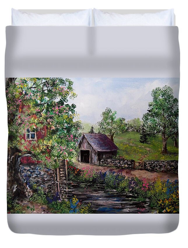 Landscapes Duvet Cover featuring the painting Mill Pond Road by Megan Walsh