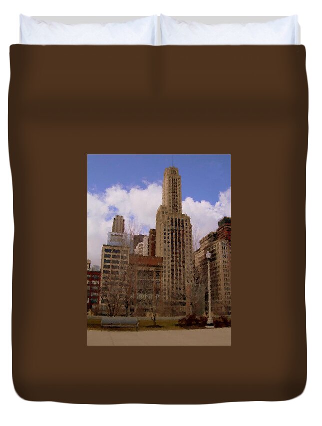 Chicago Duvet Cover featuring the digital art Millenium Park and Bench 1 by Anita Burgermeister