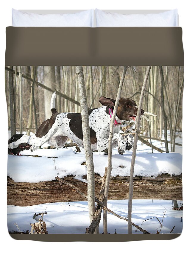 Dog Duvet Cover featuring the photograph Millie Over Log by Brook Burling