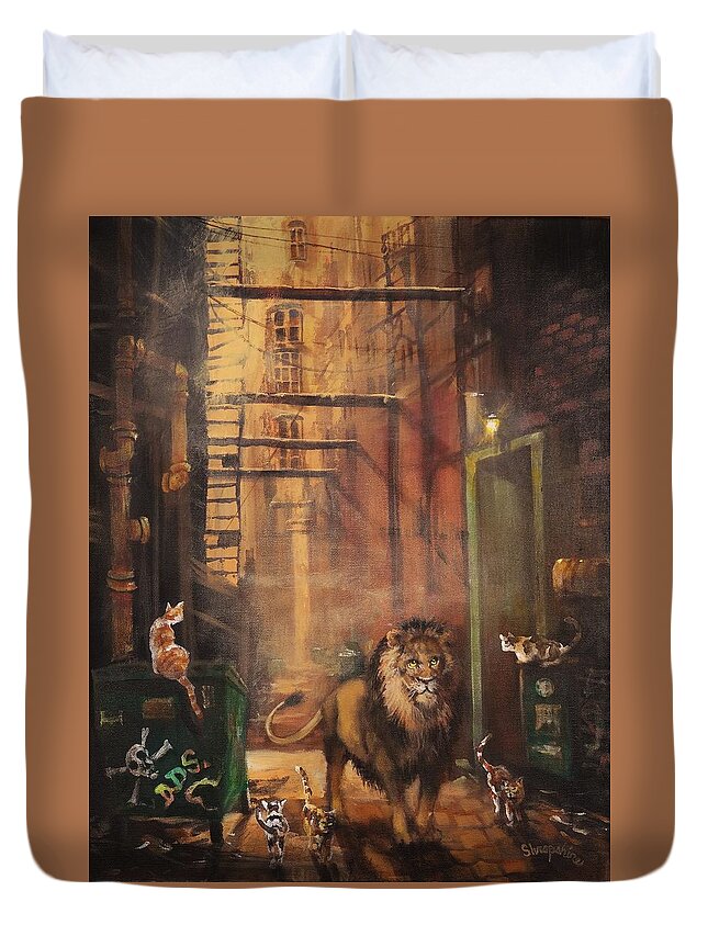 Milwaukee Lion Duvet Cover featuring the painting Milwaukee Lion by Tom Shropshire