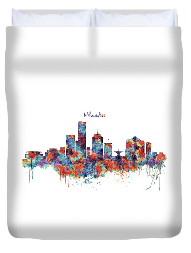 Milwaukee Duvet Cover featuring the painting Milwaukee Watercolor Skyline by Marian Voicu