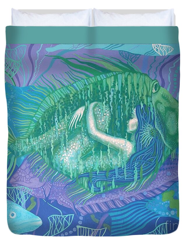 Mermaid Duvet Cover featuring the painting Mimicry by Julia Khoroshikh