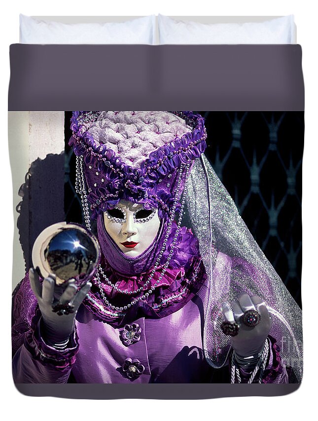 Carnevale Duvet Cover featuring the photograph Mirror globe and Violet Mask by Riccardo Mottola