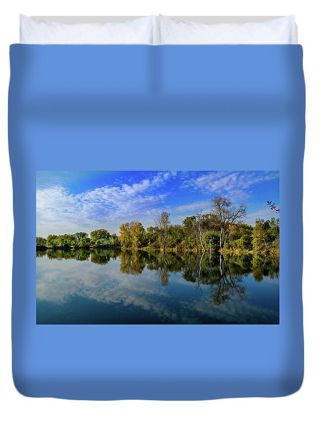 Pond Lake Glass Mirror Tree Clous Blue Sky Duvet Cover featuring the photograph Mirror image by Bob White