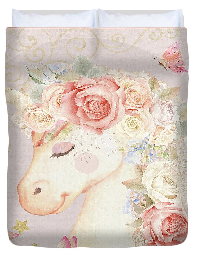Unicorn Duvet Cover featuring the digital art Miss Lilly Unicorn by Pink Forest Cafe