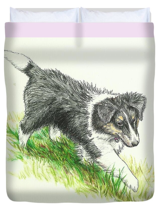 Sheltie Duvet Cover featuring the drawing Miss Mary by Sue Bonnar