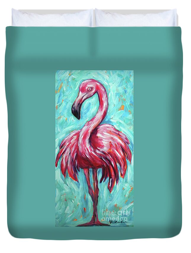 Flamingo Duvet Cover featuring the painting Miss Priss by JoAnn Wheeler