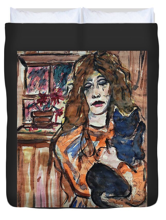 Katt Yanda Original Art Watercolor Woman Lady Hold Black Cat Sad Duvet Cover featuring the drawing Missing You by Katt Yanda