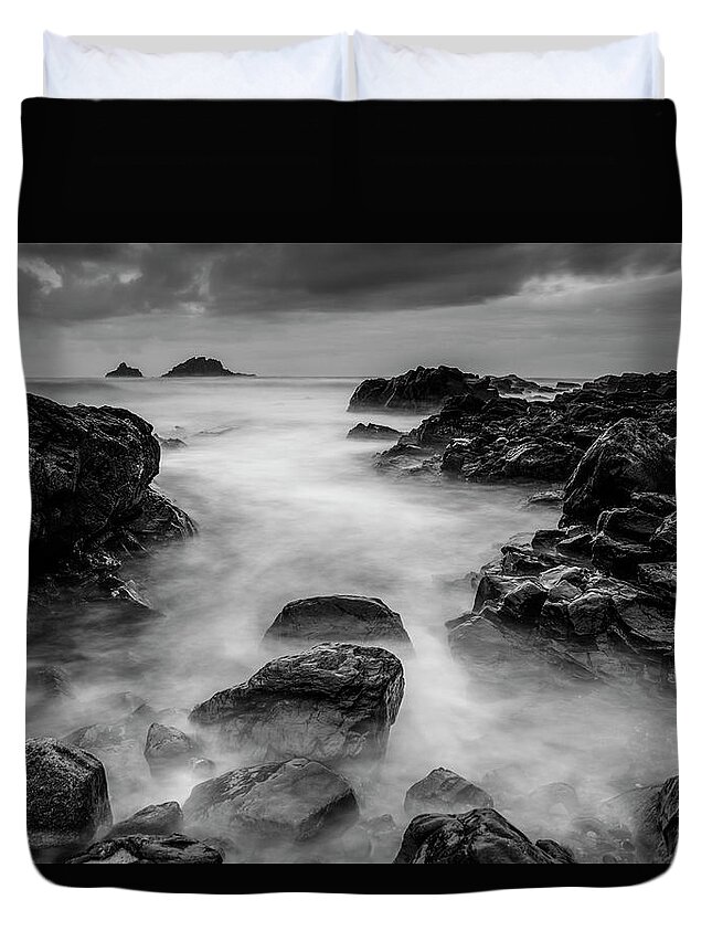 Priest Cove Duvet Cover featuring the photograph Mist On The Water in Monochrome by Jennifer Higgs