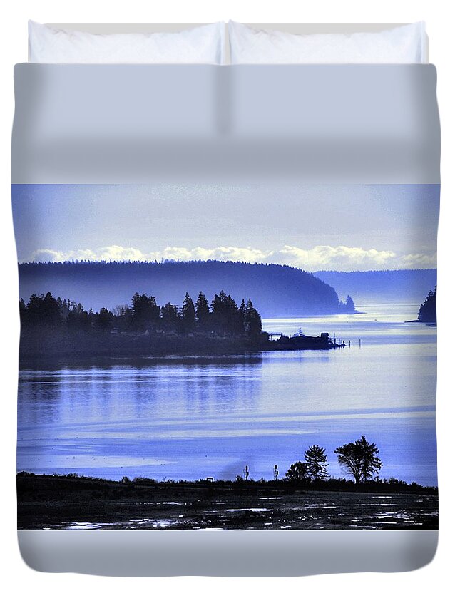 Blue Duvet Cover featuring the photograph Misty Blue Steilacoom by Chris Anderson