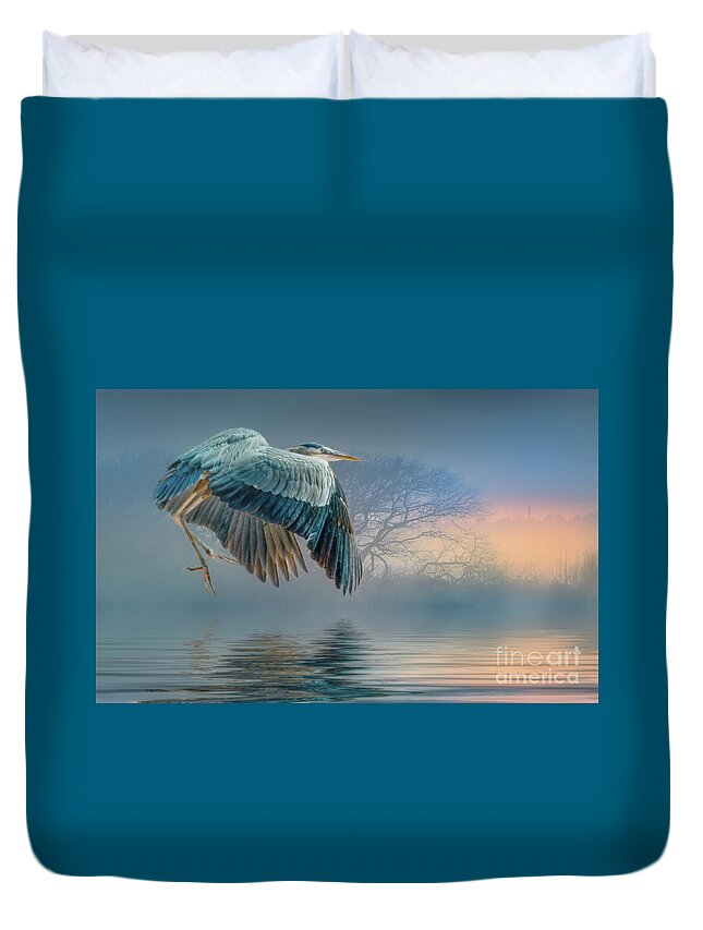 Heron Duvet Cover featuring the photograph Misty Dawn Heron by Brian Tarr