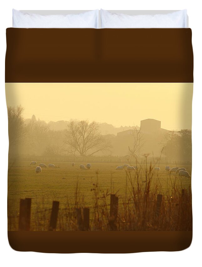 Misty Duvet Cover featuring the photograph Misty Farm Sunset by Adrian Wale
