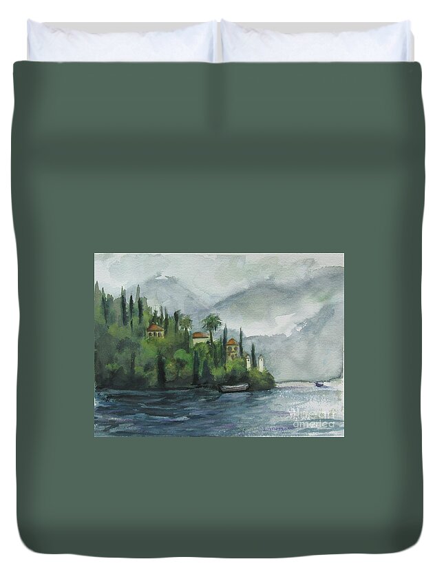 Mist Duvet Cover featuring the painting Misty Island by Laurie Morgan