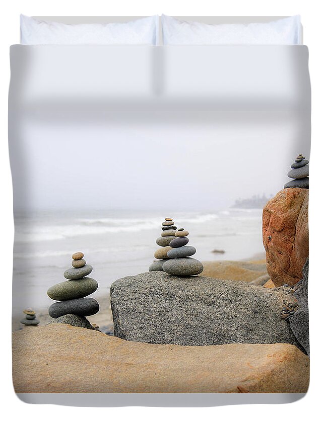Zen Rocks Duvet Cover featuring the photograph Misty Morning by Alison Frank