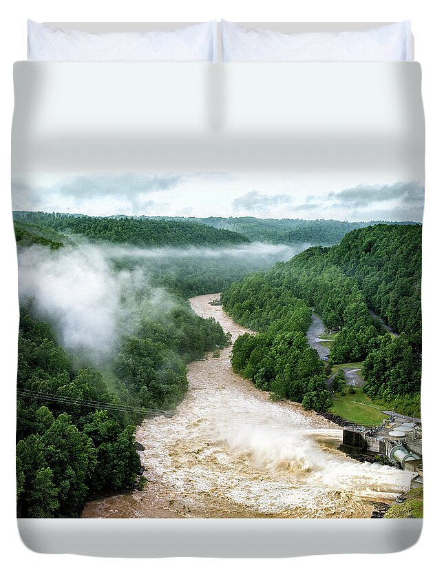 Summersville Duvet Cover featuring the photograph Misty Morning At Summersville Lake Dam by Mark Allen