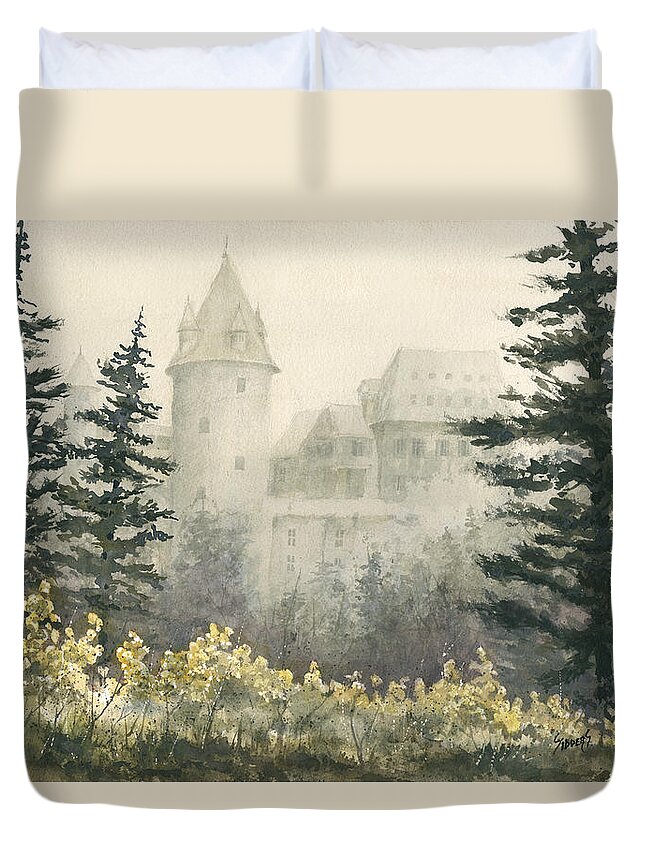 Castle Duvet Cover featuring the painting Misty Morning by Sam Sidders