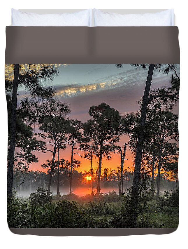 Sunrise Duvet Cover featuring the photograph Misty Morning Sunrise by Justin Battles