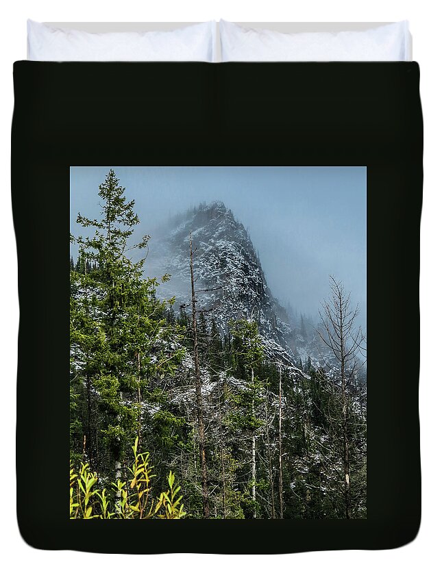 Landscape Duvet Cover featuring the photograph Misty Pinnacle by Jason Brooks
