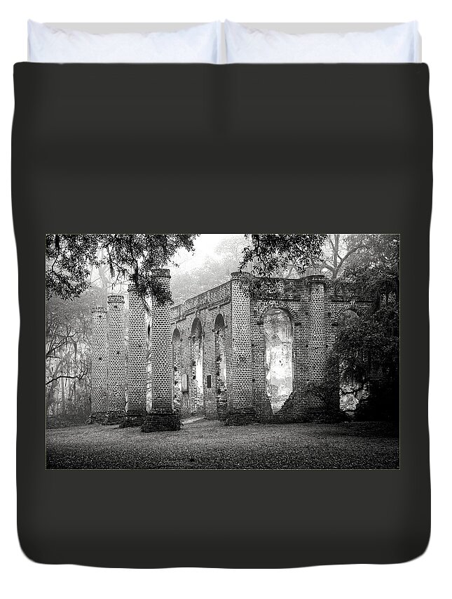'old Sheldon Church' Duvet Cover featuring the photograph Misty Ruins by Scott Hansen