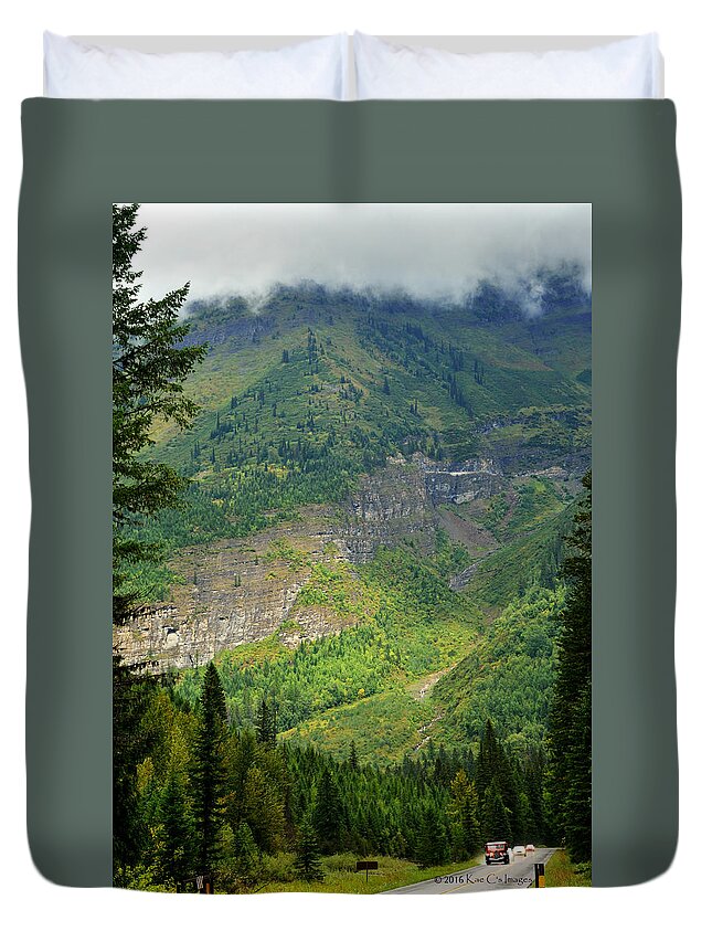 Waterton-glacier Duvet Cover featuring the photograph Misty Slopes and GNP Icon by Kae Cheatham