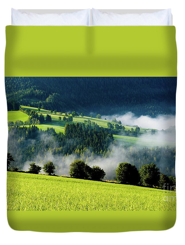 Austria Duvet Cover featuring the photograph Misty valley in Austria by Andreas Berthold