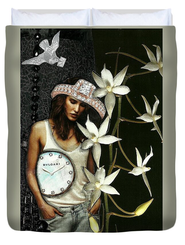 Girl Duvet Cover featuring the mixed media Mixed Media Collage Lost In Thought by Lisa Noneman