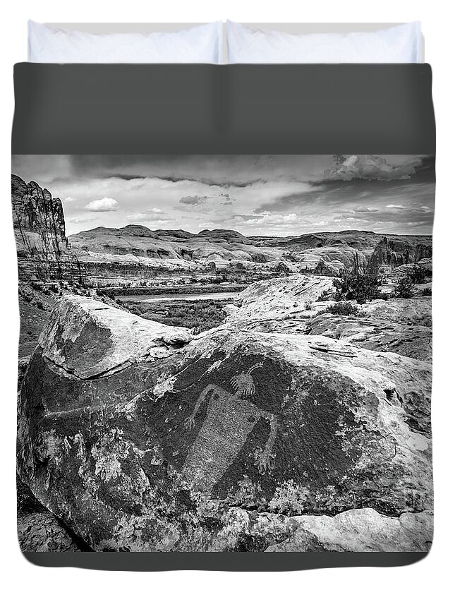 Moab Duvet Cover featuring the photograph Moab Maiden Petroglyph - Black and White - Utah by Gary Whitton