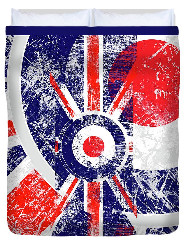 Mod Duvet Cover featuring the digital art Mod Roundel Union Jack Flag in Grunge Distressed Style by Garaga Designs