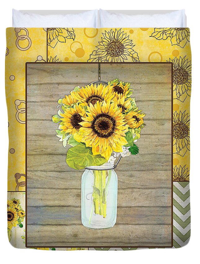 Modern Duvet Cover featuring the painting Modern Rustic Country Sunflowers in Mason Jar by Audrey Jeanne Roberts