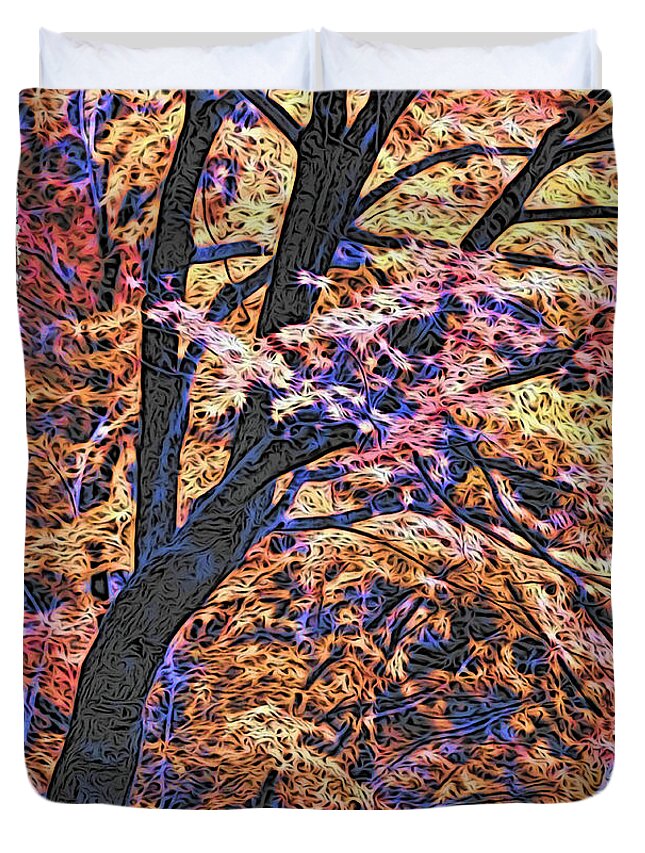 Autumn Duvet Cover featuring the digital art Moku Hanga Autumn by Cameron Wood