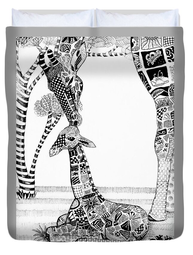 Zentangle Duvet Cover featuring the drawing Mom and Baby by MKD Lincoln