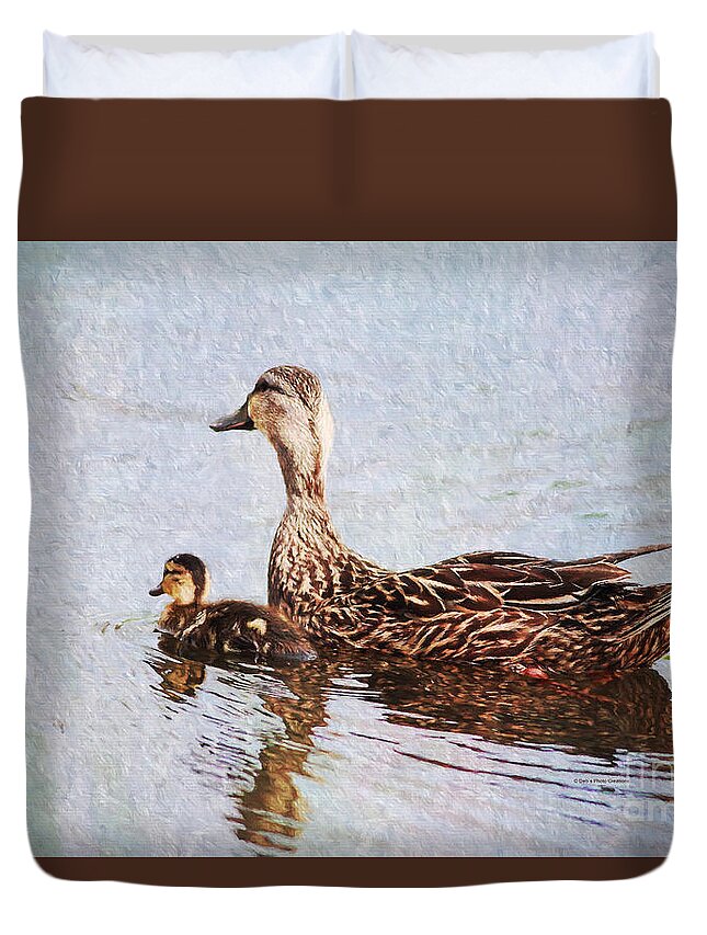 Duck Duvet Cover featuring the photograph Mom and Little One by Deborah Benoit