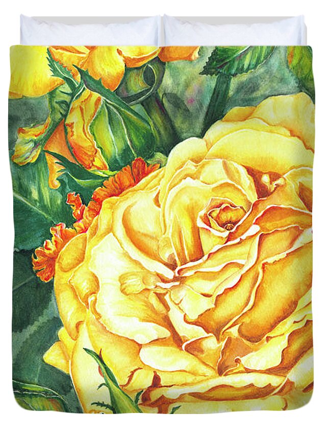 Yellow Rose Watercolor Duvet Cover featuring the painting Mom's Golden Glory by Lori Taylor