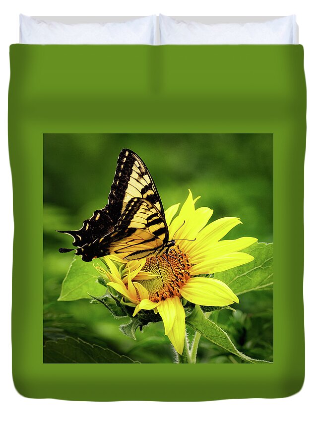 Eastern Tiger Swallowtail Butterfly Duvet Cover featuring the photograph Tiger Swallowtail and Sunflower by C Renee Martin