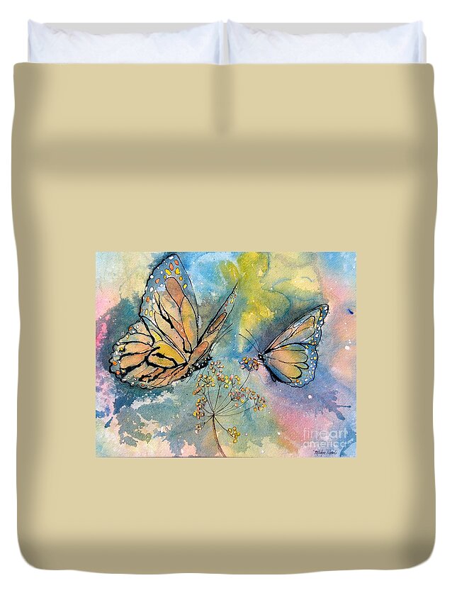 Monarch Butterflies Duvet Cover featuring the painting Monarch Butterflies by Midge Pippel