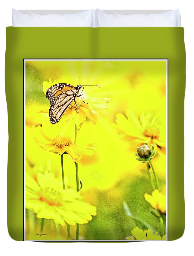 Monarch Butterfly Duvet Cover featuring the digital art Monarch Butterfly on Tickseed Flowers by A Macarthur Gurmankin
