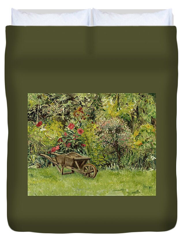 Garden Flowers Duvet Cover featuring the painting Monet's Garden Wheelbarrel by Kathy Knopp