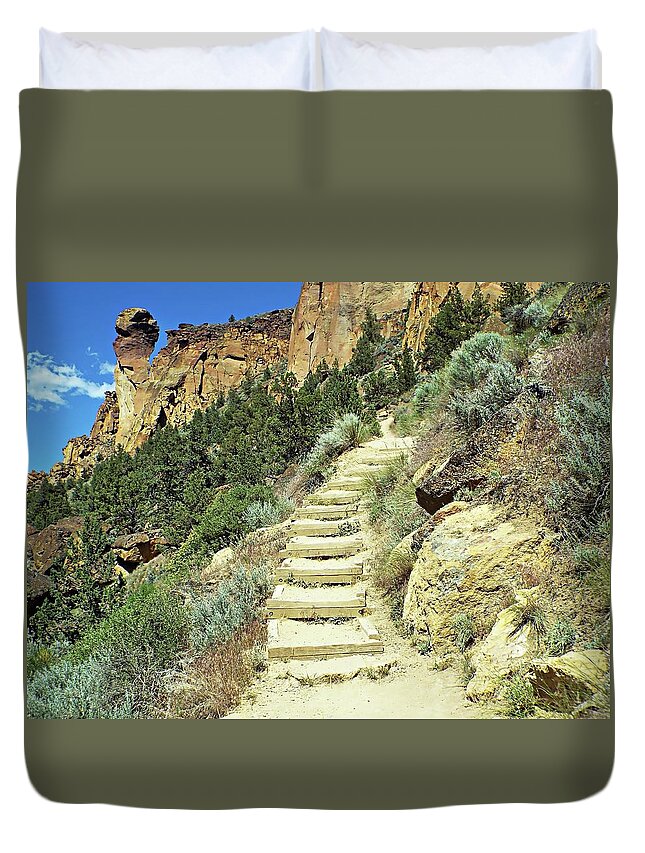 United States Duvet Cover featuring the digital art Monkey Face Rock - Smith Rock National Park, Oregon by Joseph Hendrix